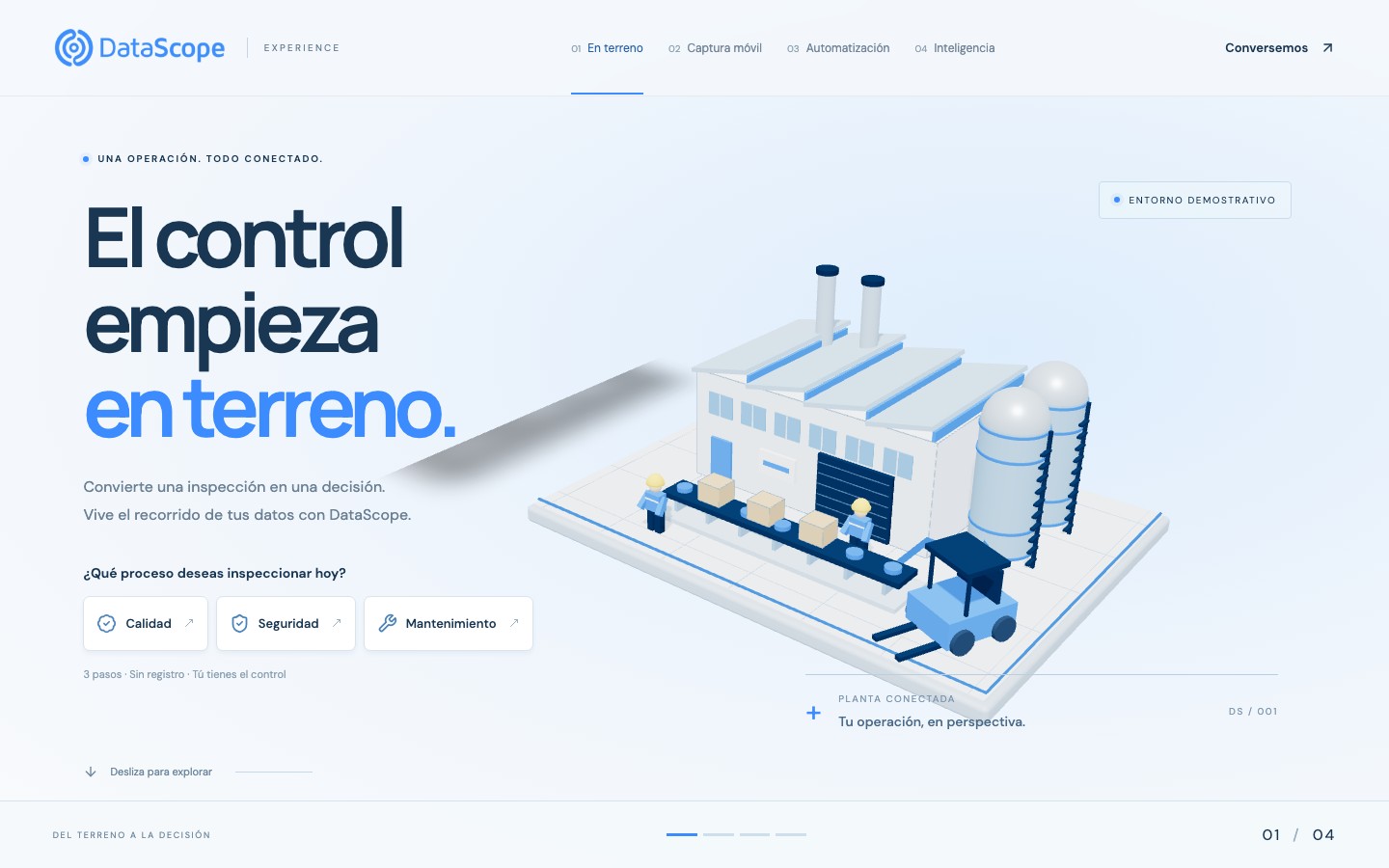 Pantalla de la demo DataScope con una planta industrial 3D