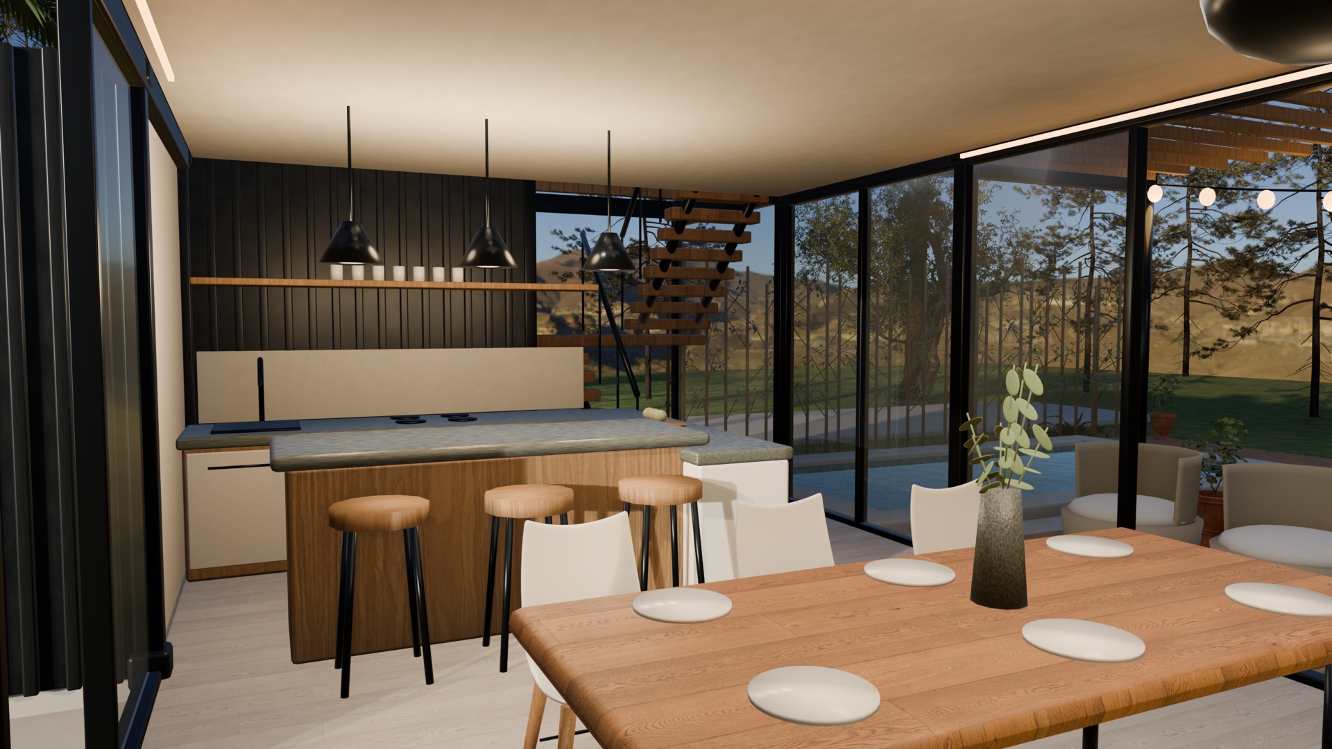 Sala y comedor de Tapalpa con acabados en madera y grandes ventanales